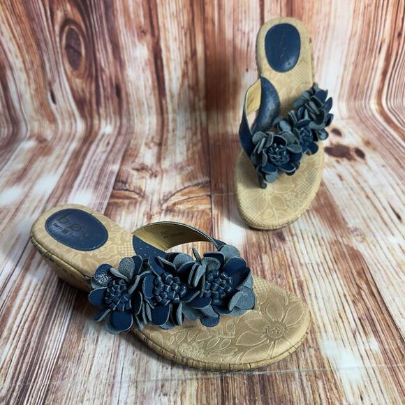 Børn Shoes - BOC Born Concept Size 6 Blue Leather Flower Cork Low Wedge Thong Sandals Shoes